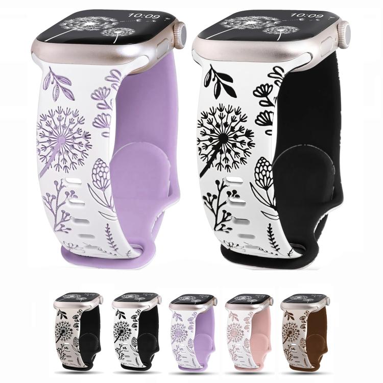 For Apple Watch 46mm / 49mm / 45mm / 44mm Two Color Dandelion Engraved Silicone Watch Band(White Black) by bashfashion