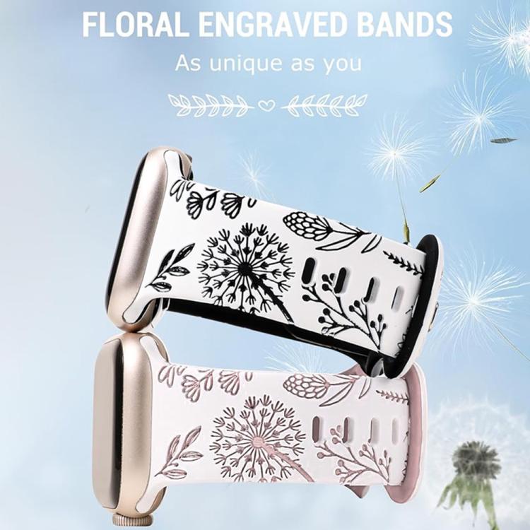 For Apple Watch 46mm / 49mm / 45mm / 44mm Two Color Dandelion Engraved Silicone Watch Band(White Black) by bashfashion