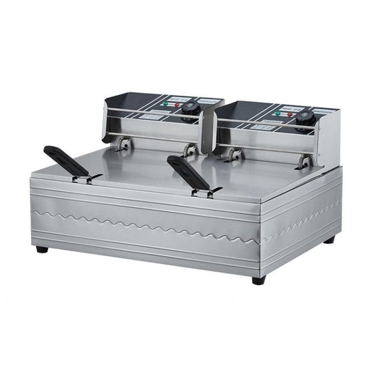 Multifunctional Commercial Stainless Steel Thick Electric Fryer Electric Boiler, Single Cylinder Dual-head 12L+Temperature Limiter(UK Plug) by bashfashion