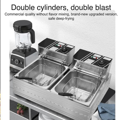 Multifunctional Commercial Stainless Steel Thick Electric Fryer Electric Boiler, Dual Cylinder 12L+Temperature Limiter(EU Plug) by bashfashion