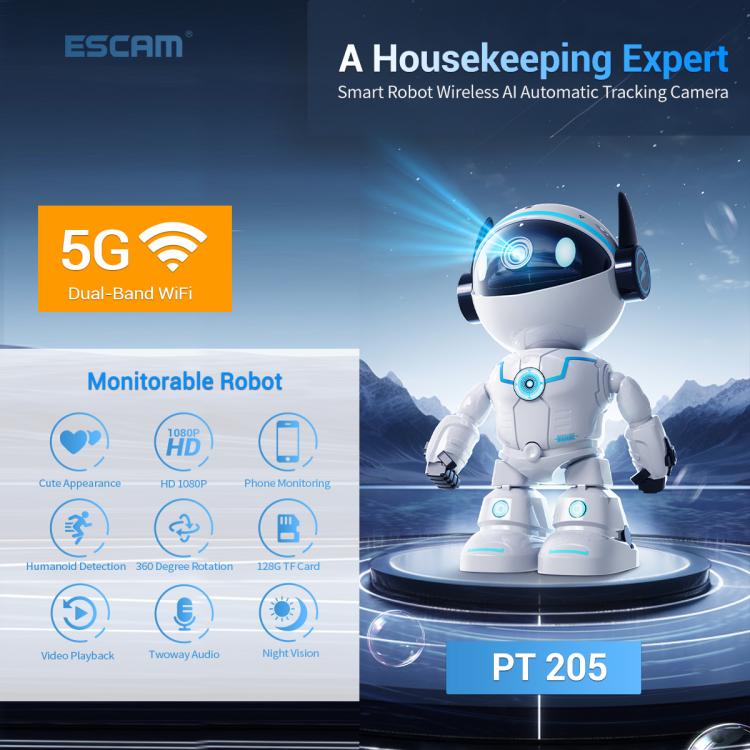 ESCAM PT205 5G WiFi Smart Robot Wireless AI Automatic Tracking Camera, Two Way Audio / Night Nersion, Plug:EU Plug(White) by ESCAM