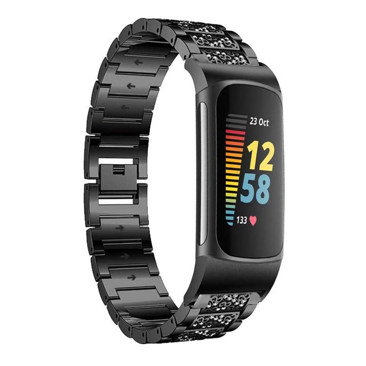 For Fitbit Charge 6 / 5 18mm xDfind Diamond Jewelry Stainless Steel Watch Band(Black) by xDfind