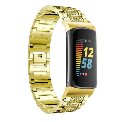 For Fitbit Charge 6 / 5 18mm xDfind Diamond Jewelry Stainless Steel Watch Band(Gold) by xDfind