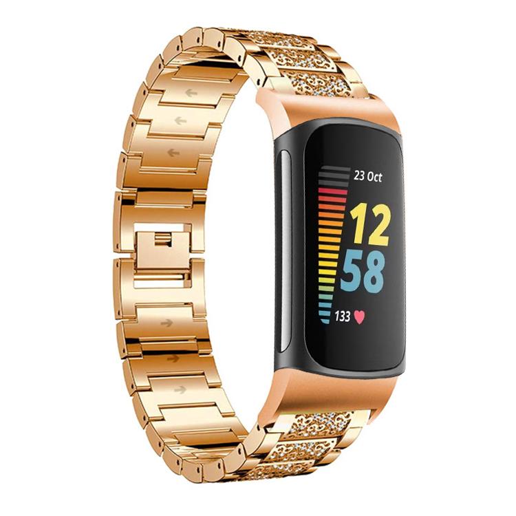 For Fitbit Charge 6 / 5 18mm xDfind Diamond Jewelry Stainless Steel Watch Band(Rose Gold) by xDfind
