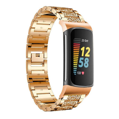 For Fitbit Charge 6 / 5 18mm xDfind Diamond Jewelry Stainless Steel Watch Band(Rose Gold) by xDfind