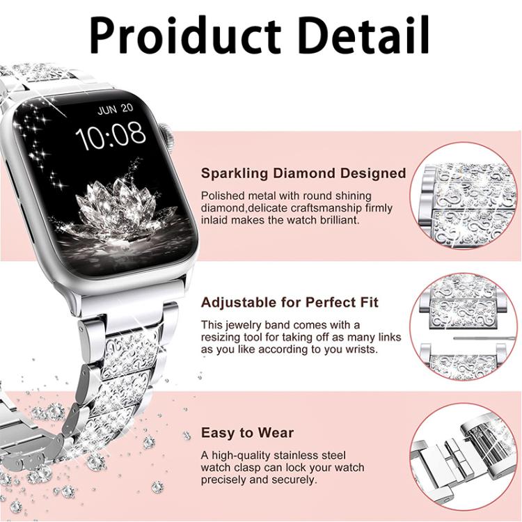 For Apple Watch 42 / 44 / 45 / 46 / 49mm xDfind Diamond Jewelry Stainless Steel Watch Band(Rose Gold) by xDfind