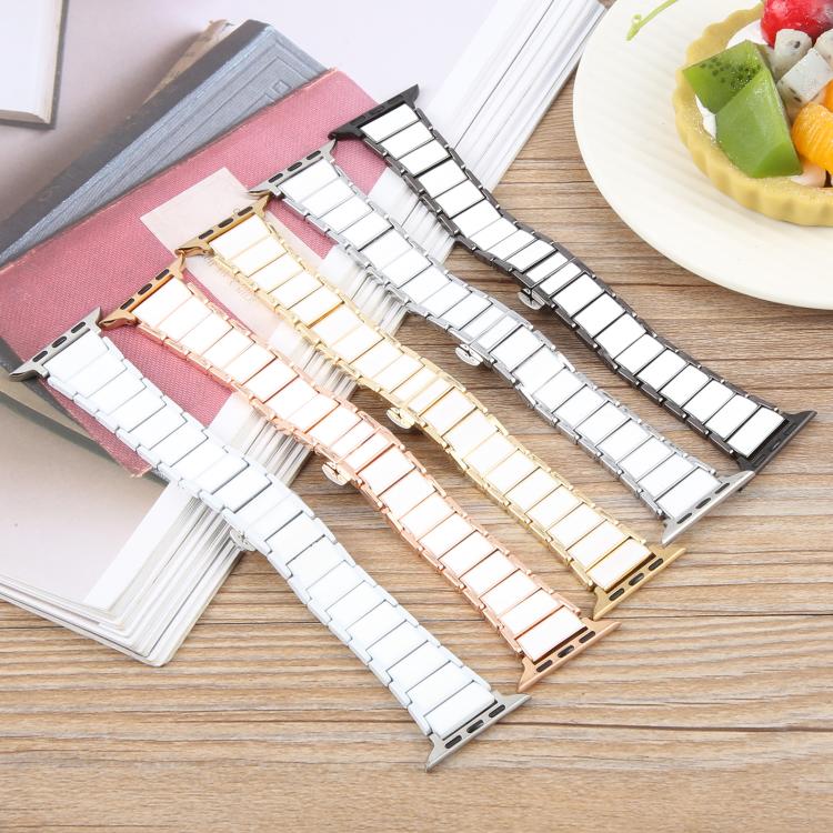 For Apple Watch 46mm / 49mm / 45mm / 44mm Three Beads Ceramics 18mm Steel Watch Band(Rose Gold White) by bashfashion