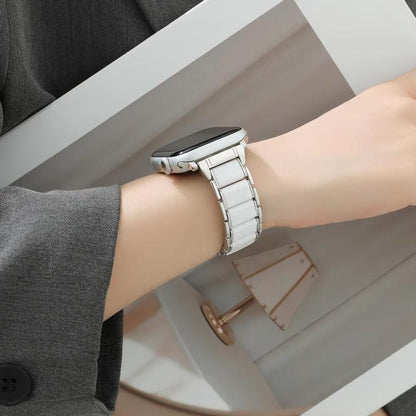 For Apple Watch 46mm / 49mm / 45mm / 44mm Three Beads Ceramics 18mm Steel Watch Band(Rose Gold White) by bashfashion