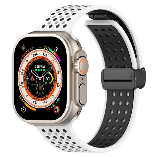 For Apple Watch 46mm / 49mm / 45mm / 44mm Magnetic Buckle Breathable Silicone Watch Band(White Black) by bashfashion