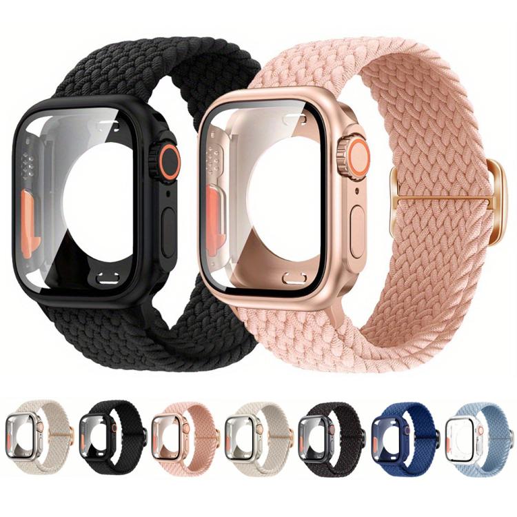 For Apple Watch Series 10 / 11 46mm Ladder Buckle Loop Nylon Watch Band with Change to Ultra 49mm Film PC Cover(Pink) by bashfashion