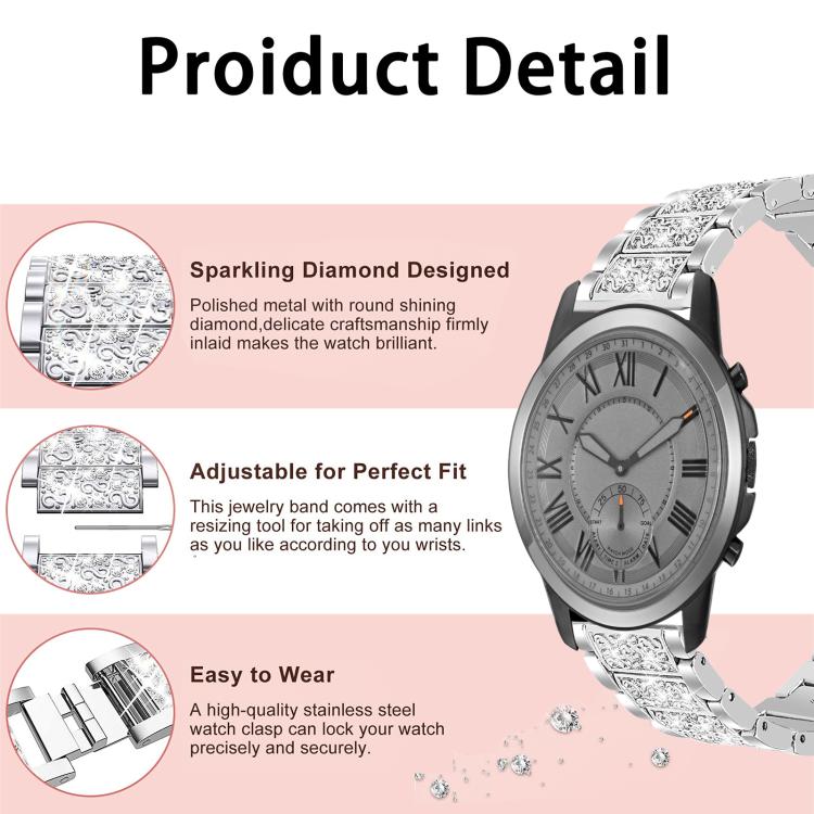 For Fossil Q Machine Hybrid Watch 22mm xDfind Diamond Jewelry Stainless Steel Watch Band(Black) by xDfind
