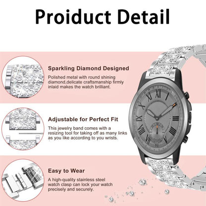 For Fossil Q Machine Hybrid Watch 22mm xDfind Diamond Jewelry Stainless Steel Watch Band(Silver) by xDfind