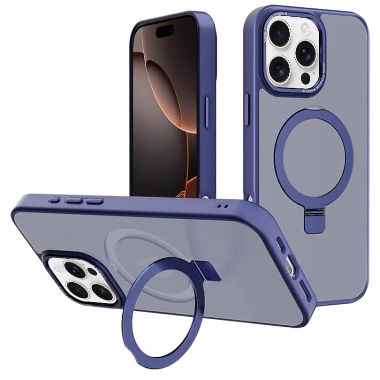 For iPhone 16 Pro Max Kalebol Metal Lens Frame MagSafe Holder Frosted PC Phone Case(Navy Blue) by Kalebol