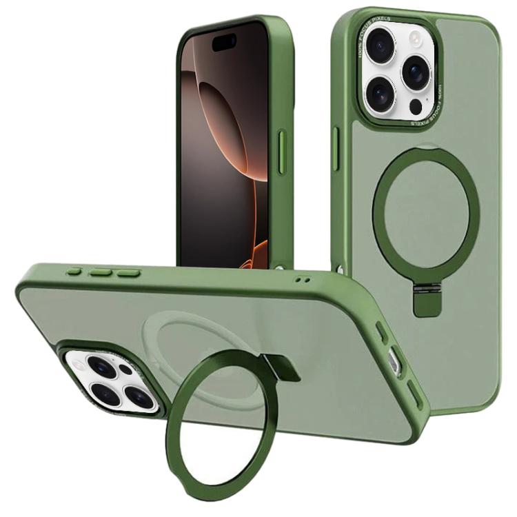 For iPhone 16 Pro Kalebol Metal Lens Frame MagSafe Holder Frosted PC Phone Case(Dark Green) by Kalebol