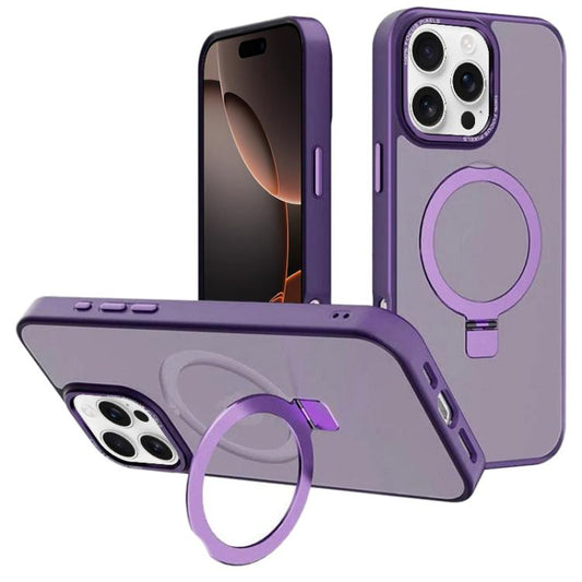 For iPhone 16 Pro Kalebol Metal Lens Frame MagSafe Holder Frosted PC Phone Case(Dark Purple) by Kalebol