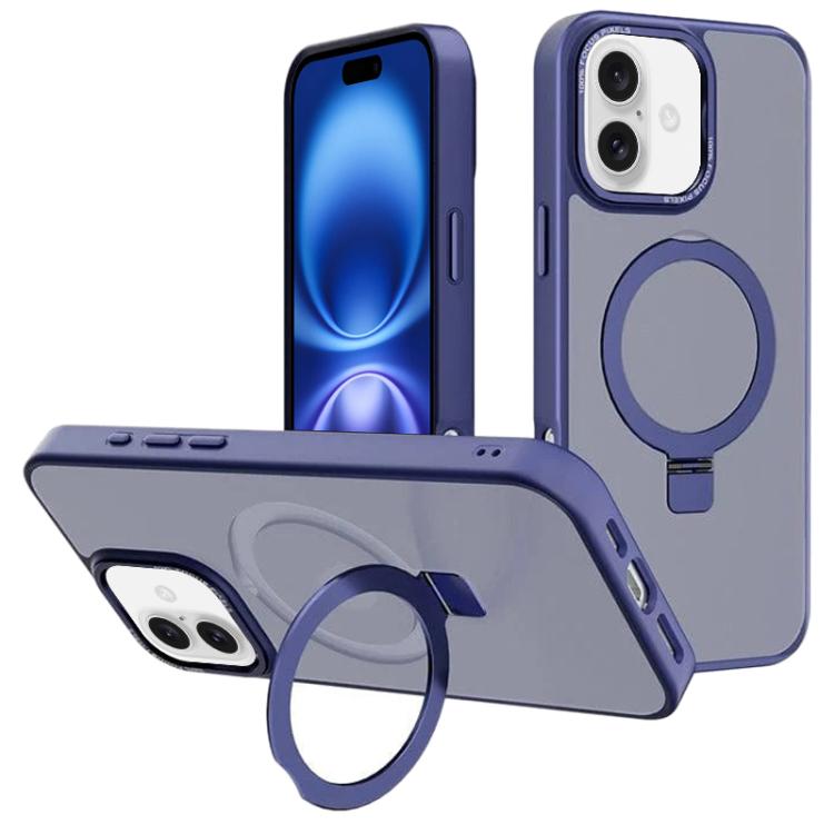 For iPhone 16 Plus Kalebol Metal Lens Frame MagSafe Holder Frosted PC Phone Case(Navy Blue) by Kalebol