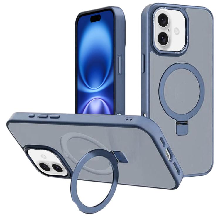For iPhone 16 Kalebol Metal Lens Frame MagSafe Holder Frosted PC Phone Case(Sierra Blue) by Kalebol