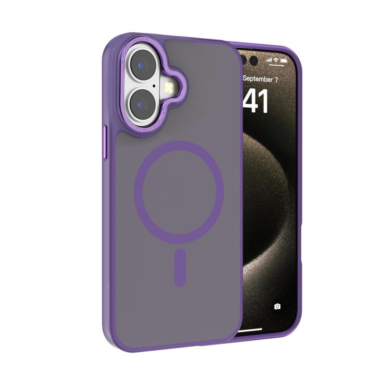For iPhone 16 Kalebol Metal Lens Frame MagSafe Frosted PC Phone Case(Dark Purple) by Kalebol