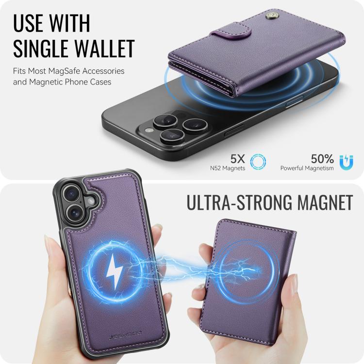 For iPhone 17 JEEHOOD J09 Buckle Card Bag MagSafe Magnetic Style RFID Leather Phone Case(Purple) by JEEHOOD