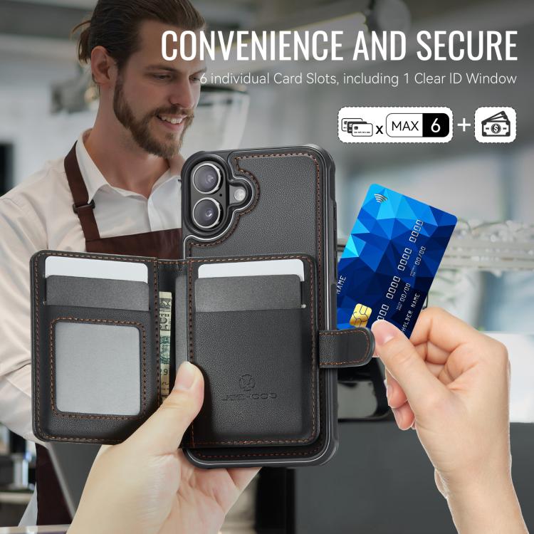 For iPhone 17 JEEHOOD J09 Buckle Card Bag MagSafe Magnetic Style RFID Leather Phone Case(Black) by JEEHOOD