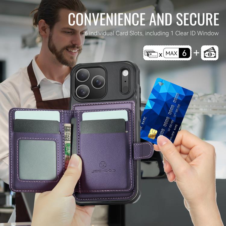 For iPhone 17 Pro Max JEEHOOD J09 Buckle Card Bag MagSafe Magnetic Style RFID Leather Phone Case(Purple) by JEEHOOD