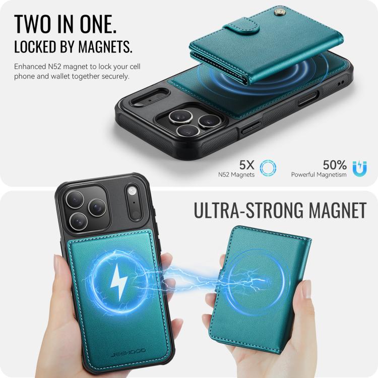 For iPhone 17 Pro Max JEEHOOD J09 Buckle Card Bag MagSafe Magnetic Style RFID Leather Phone Case(Green) by JEEHOOD