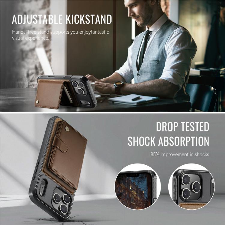 For iPhone 17 Pro Max JEEHOOD J09 Buckle Card Bag MagSafe Magnetic Style RFID Leather Phone Case(Brown) by JEEHOOD