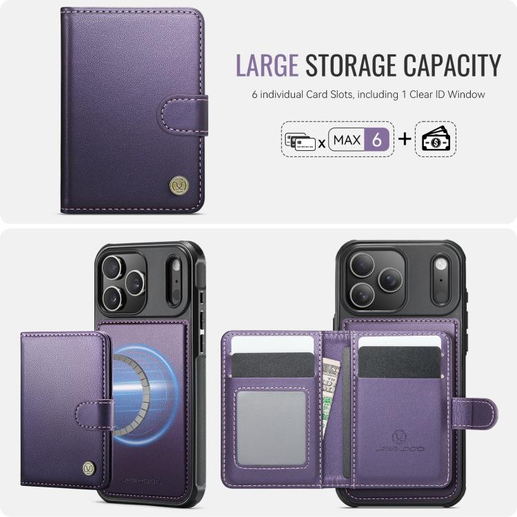 For iPhone 17 Pro JEEHOOD J09 Buckle Card Bag MagSafe Magnetic Style RFID Leather Phone Case(Purple) by JEEHOOD