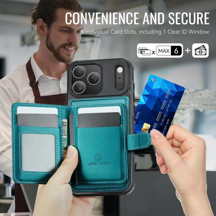 For iPhone 17 Pro JEEHOOD J09 Buckle Card Bag MagSafe Magnetic Style RFID Leather Phone Case(Green) by JEEHOOD