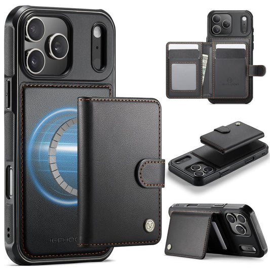For iPhone 17 Pro JEEHOOD J09 Buckle Card Bag MagSafe Magnetic Style RFID Leather Phone Case(Black) by JEEHOOD