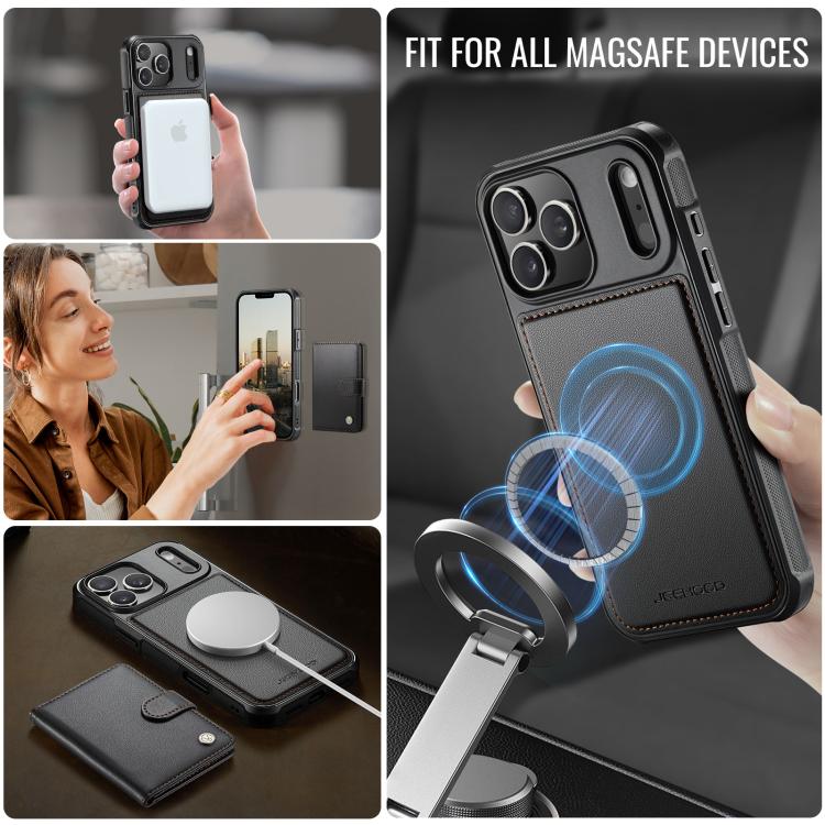 For iPhone 17 Pro JEEHOOD J09 Buckle Card Bag MagSafe Magnetic Style RFID Leather Phone Case(Black) by JEEHOOD