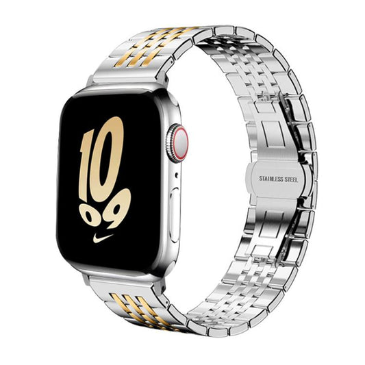 For Apple Watch 42 / 44 / 45 / 46 / 49mm 22mm xDfind Seven-bead Solid Stainless Steel Watch Band(Silver Gold) by xDfind