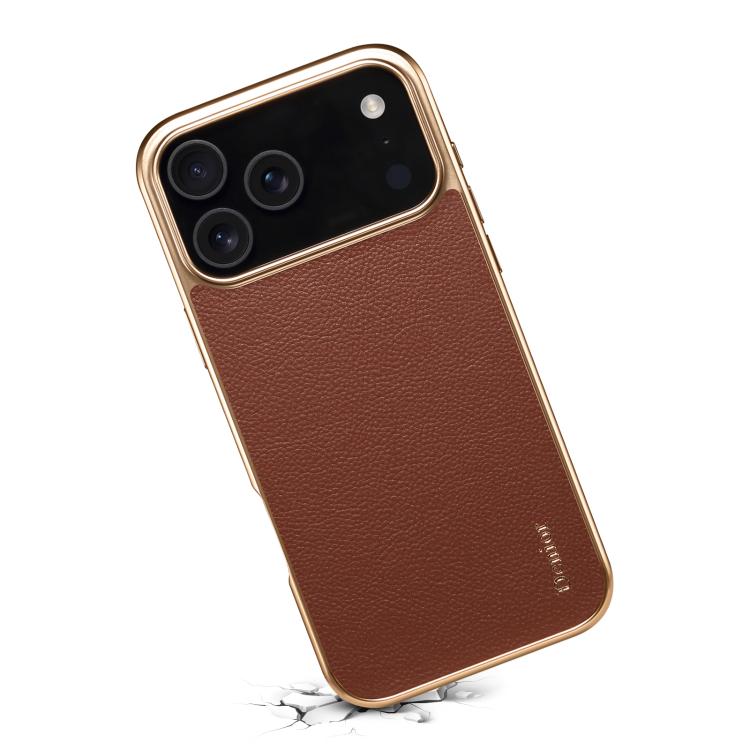 For iPhone 17 Pro Max Denior Cowhide Leather Plating Phone Case(Brown) by Denior