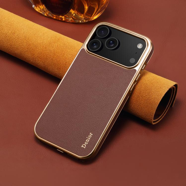 For iPhone 17 Pro Max Denior Cowhide Leather Plating Phone Case(Brown) by Denior