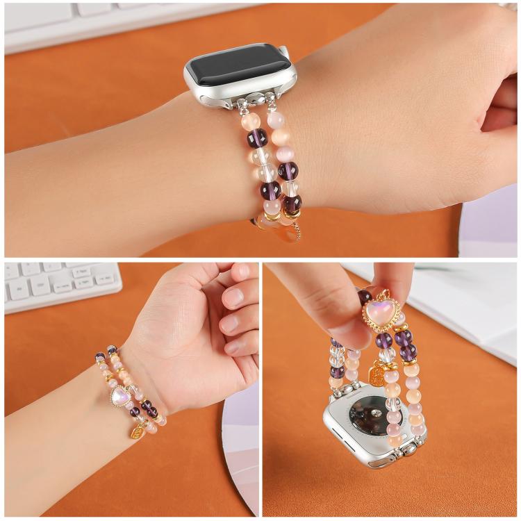 For Apple Watch 46mm / 49mm / 45mm / 44mm Cat Eyes Stone Beads Bracelet Watch Band(Heart Yellow) by bashfashion