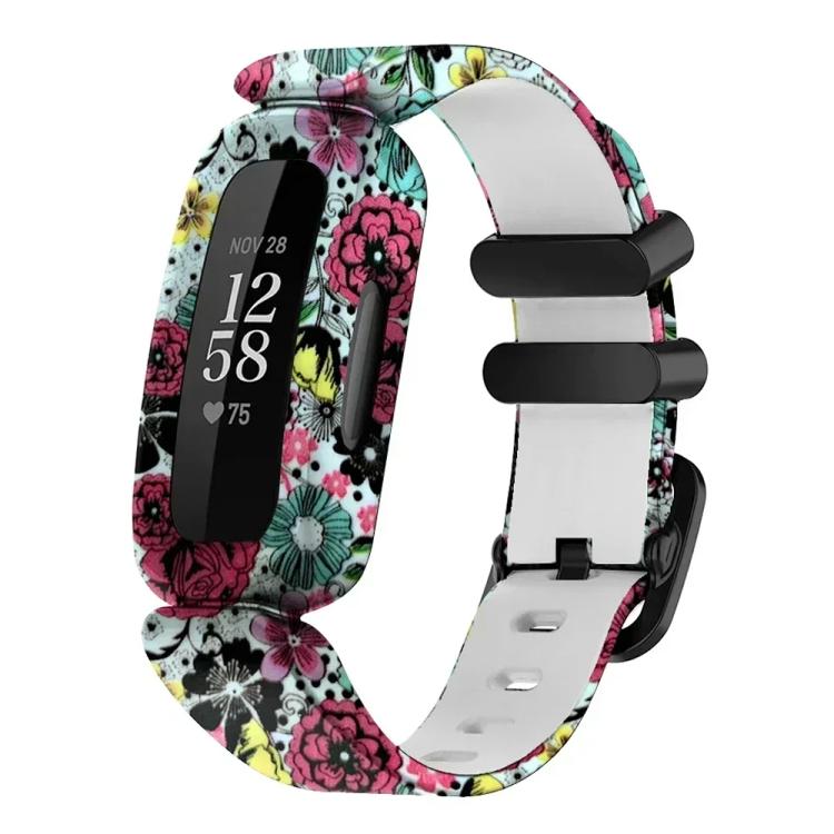 For Fitbit Ace 3 / Inspire2 xDfind Black Buckle Painting Integrated Silicone Watch Band(Classic Flower) by xDfind