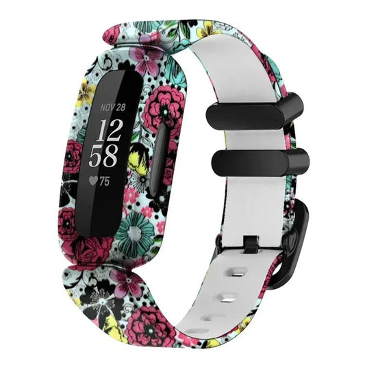 For Fitbit Ace 3 / Inspire2 xDfind Black Buckle Painting Integrated Silicone Watch Band(Classic Flower) by xDfind