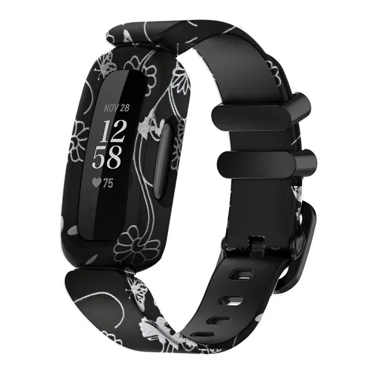 For Fitbit Ace 3 / Inspire2 xDfind Black Buckle Painting Integrated Silicone Watch Band(Black Flower) by xDfind