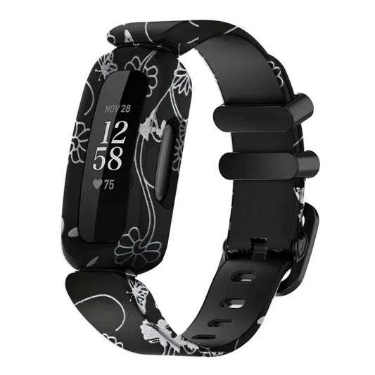For Fitbit Ace 3 / Inspire2 xDfind Black Buckle Painting Integrated Silicone Watch Band(Black Flower) by xDfind