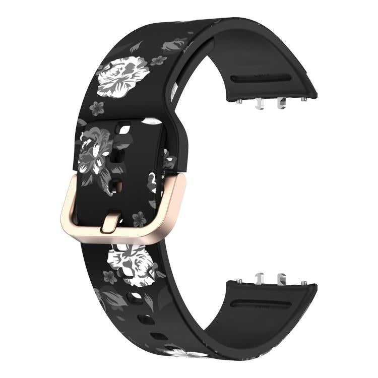 For Samsung Galaxy Fit3 xDfind Gold Buckle Printed Silicone Watch Band(Black Background with Grey Flowers) by xDfind