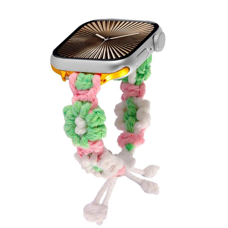 For Apple Watch 46mm / 49mm / 45mm / 44mm Hemp Rope Woven Flowers Drawstring Watch Band(Green White) by bashfashion