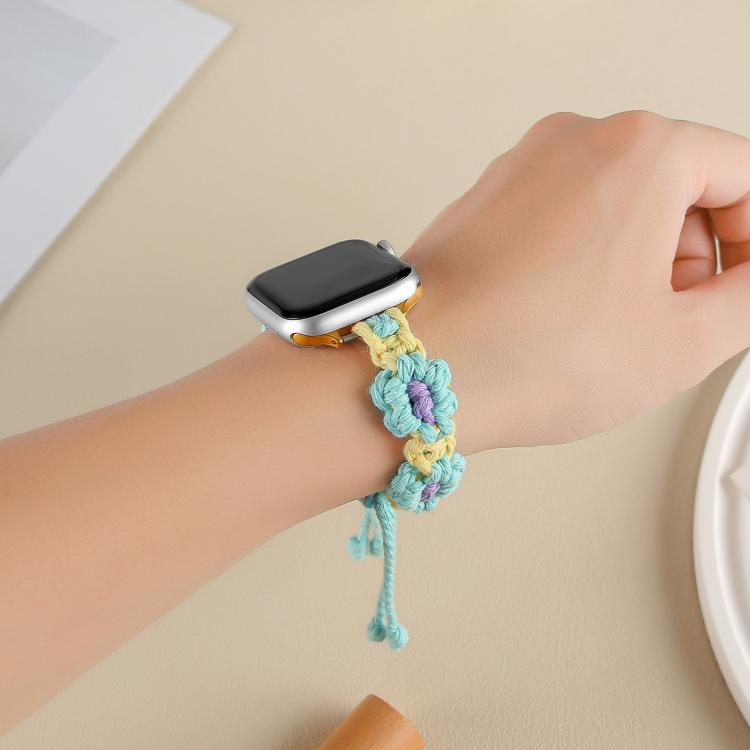 For Apple Watch 46mm / 49mm / 45mm / 44mm Hemp Rope Woven Flowers Drawstring Watch Band(Teal Green) by bashfashion