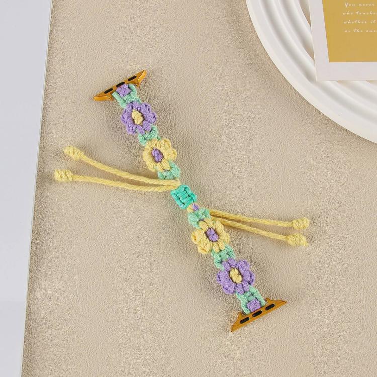 For Apple Watch 46mm / 49mm / 45mm / 44mm Hemp Rope Woven Flowers Drawstring Watch Band(Purple Yellow) by bashfashion