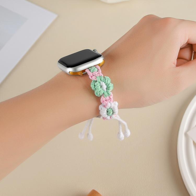 For Apple Watch 42mm / 41mm / 40mm / 38mm Hemp Rope Woven Flowers Drawstring Watch Band(Green White) by bashfashion