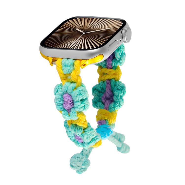 For Apple Watch 42mm / 41mm / 40mm / 38mm Hemp Rope Woven Flowers Drawstring Watch Band(Teal Green) by bashfashion