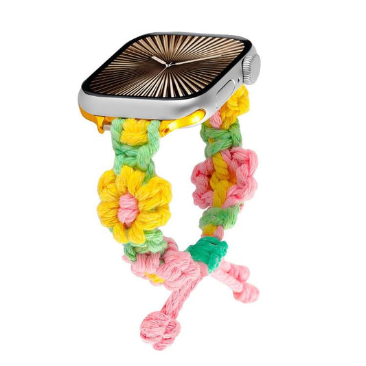 For Apple Watch 42mm / 41mm / 40mm / 38mm Hemp Rope Woven Flowers Drawstring Watch Band(Yellow Pink) by bashfashion