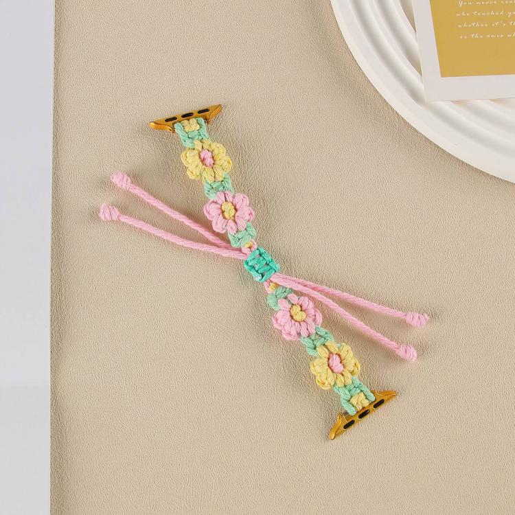 For Apple Watch 42mm / 41mm / 40mm / 38mm Hemp Rope Woven Flowers Drawstring Watch Band(Yellow Pink) by bashfashion