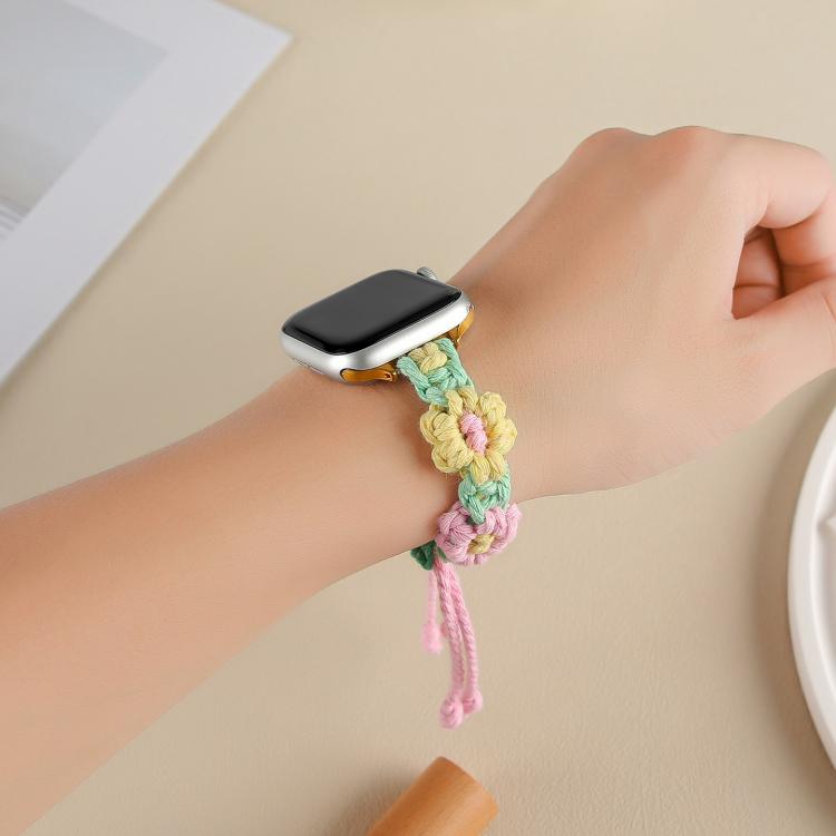 For Apple Watch 42mm / 41mm / 40mm / 38mm Hemp Rope Woven Flowers Drawstring Watch Band(Yellow Pink) by bashfashion