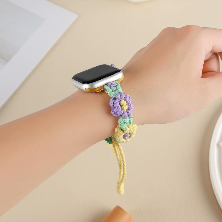 For Apple Watch 42mm / 41mm / 40mm / 38mm Hemp Rope Woven Flowers Drawstring Watch Band(Purple Yellow) by bashfashion
