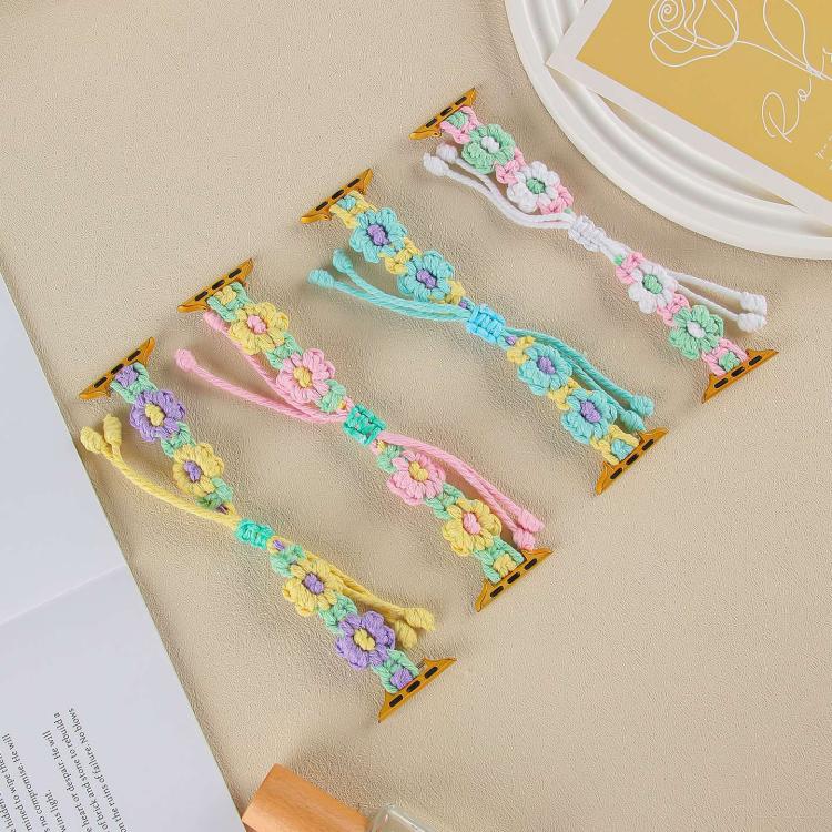 For Apple Watch 46mm / 49mm / 45mm / 44mm Hemp Rope Woven Flowers Drawstring Watch Band(Yellow Pink) by bashfashion